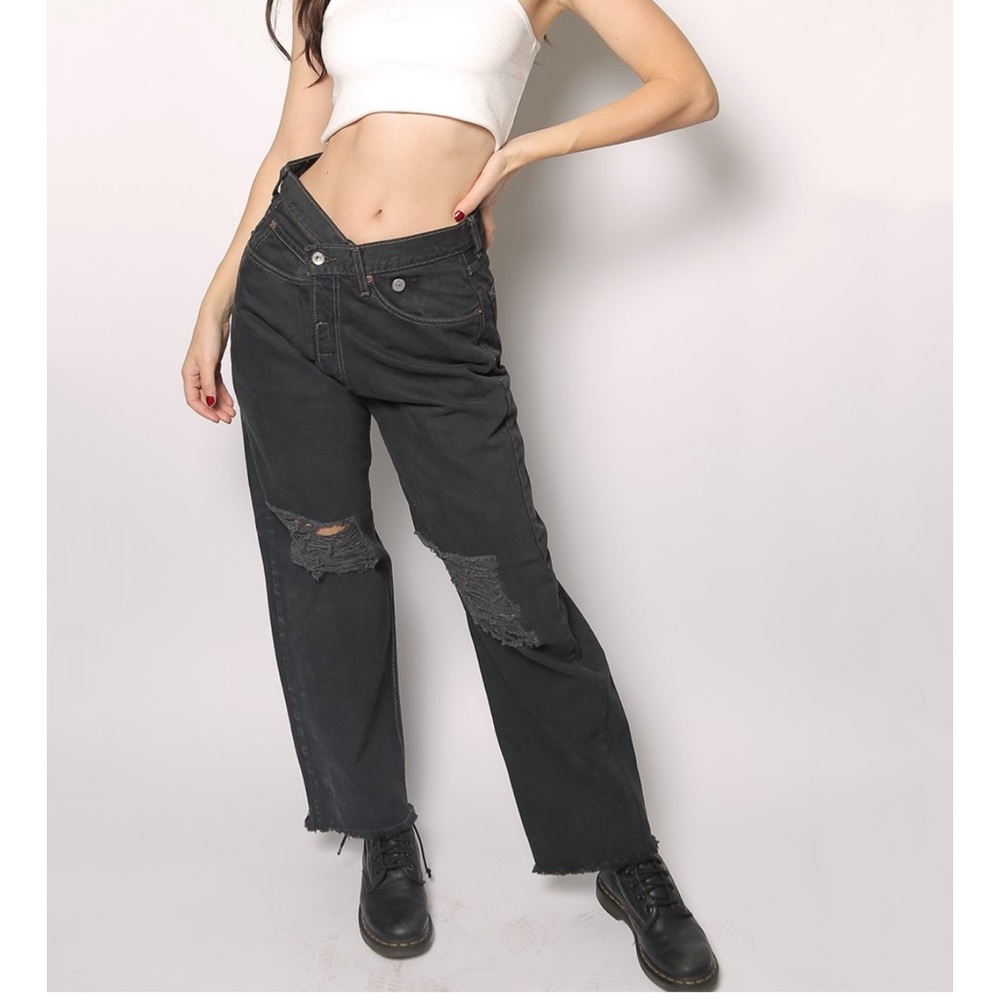 reworked Levi’s boyfriend jeans with overlapping front